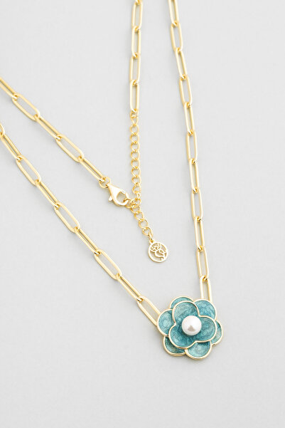 So CHIC... Kamelya Çiçeği 18 Ayar Sarı Altın Kaplama 45 Cm Gümüş Zincir Kolye