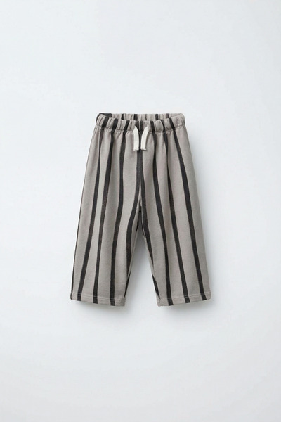 Magu بنطلون رياضي قطني مخطط باللون الرمادي للأطفال – برباط خصر مطاطي