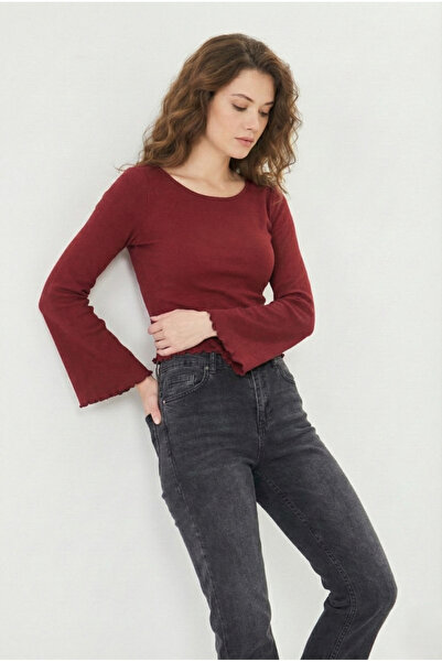 ESPİNA بلوزة نسائية بياقة دائرية وأكمام طويلة حياكة مضلعة مع تفاصيل أوفرلوك ع...