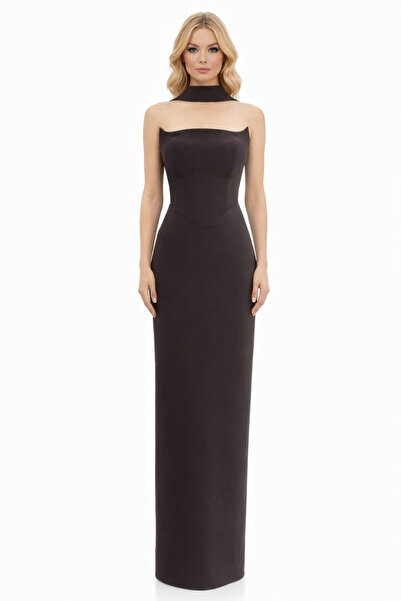 Hüseyin Baştürk Straplez Beli Oval Krep Şallı Abiye