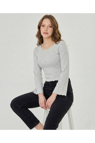 ESPİNA Women's Round Neck, Sleeves and Skirt Overlock Detailed Ribbed Knit Lo...