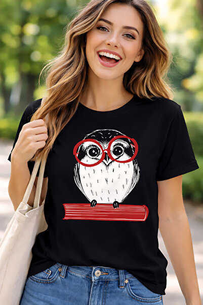 ArtYus Bufniță cu ochelari cu imprimeu Bumbac croi relaxat Guler rotund Unise...