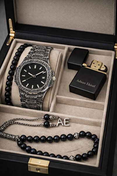 pierrose Gümüş İşlemeli Siyah Kadran Su Geçirmez Çelik Erkek Kol Saati Çakmak...