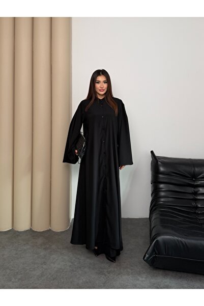 Asadia Siyah Medine İpeği Volan Detaylı Ferace