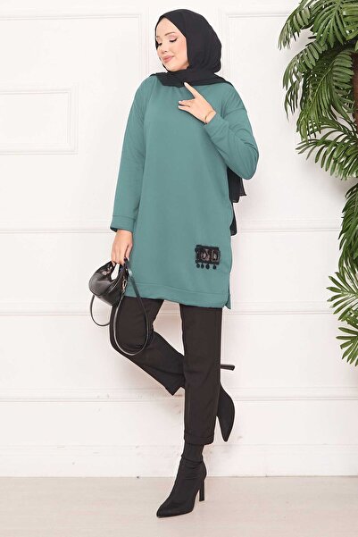 EBRUTESETTÜR Stone Embroidered Pompom Hijab Tunic Çağla Green