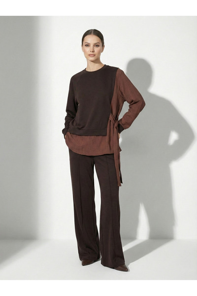 NEW JOURNAL قميص نسائي مخطط برباط جانبي باللون البني المر، بدلة رياضية مفصلة ...