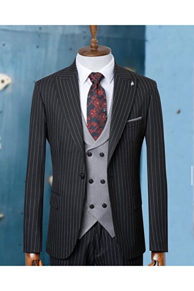 WENNO Striped Black Combination Suit