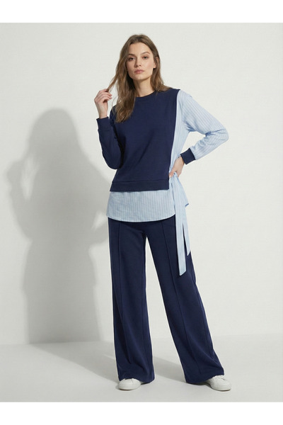 NEW JOURNAL Set sport cu detaliu cămașă pentru femei, albastru marin cu legar...