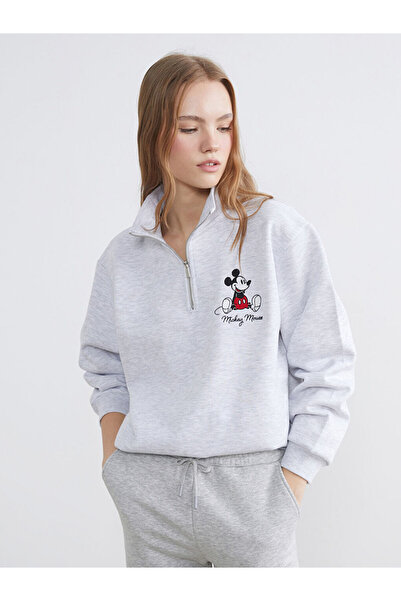 LC Waikiki Xside Gray Mickey Mouse Embroidered Women's Thick Sweatshirt