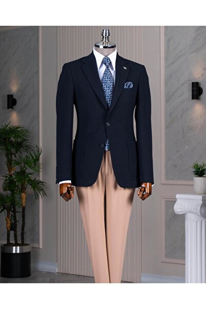 TerziAdemAltun Italian style s Slim Fit bag pocket single coat men's navy blu...