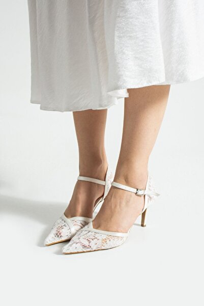 ELVI beyaz kadın dantel detaylı topuklu ayakkabı [7] cm