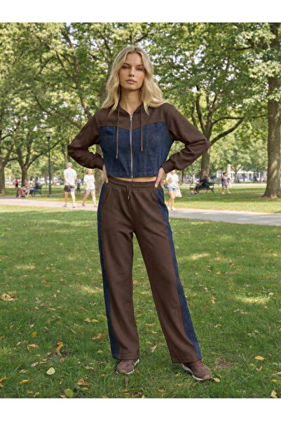 NEW JOURNAL Set de damă din denim maro închis, cu fermoar, cu glugă piese (pa...