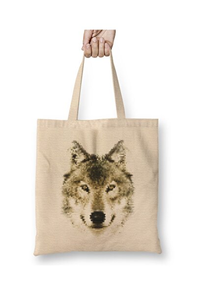 Toyaso Geometric Animal Wolf White Tote Bag Long Handle Shopping Bag Beach Bag