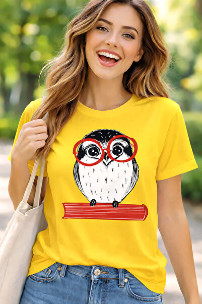 ArtYus Glasses-Wearing Owl Printed Cotton Relaxed Fit Round Neck Unisex T-Shirt