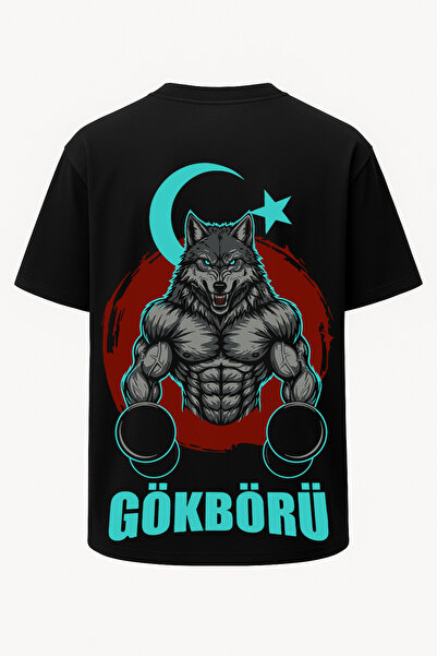 nirvoda Oversize Gökbörü Ay Yıldızlı Bozkurt Baskılı GYM Fitness Tişört - Büy...