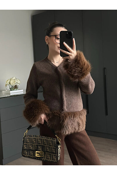 My Blog Brown Fur Cardigan with Sleeve and Waist Detail - 251104