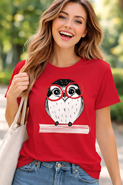 ArtYus Glasses-Wearing Owl Printed Cotton Relaxed Fit Round Neck Unisex T-Shirt
