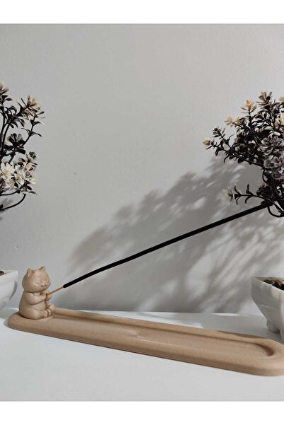 MODA Ahşap Desen Meditasyon Yapan Kedi Tütsülük ( 24cm )