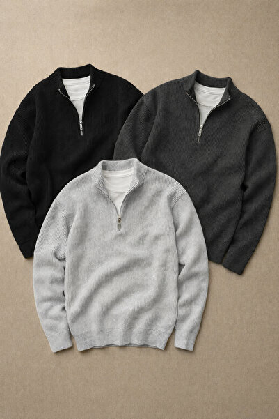 beuivo Men's Black-Smoked-Grey 3-Piece Half-Zip Mock Neck Sweatshirt Thessalo...