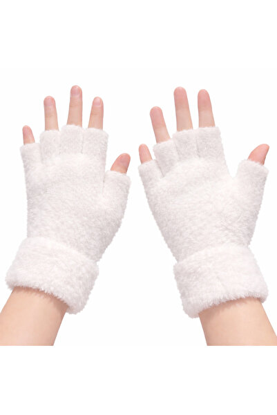 sporthome Kadın Beyaz Pelüşlü Kesik Parmak Eldiven Extra Sıcaklık