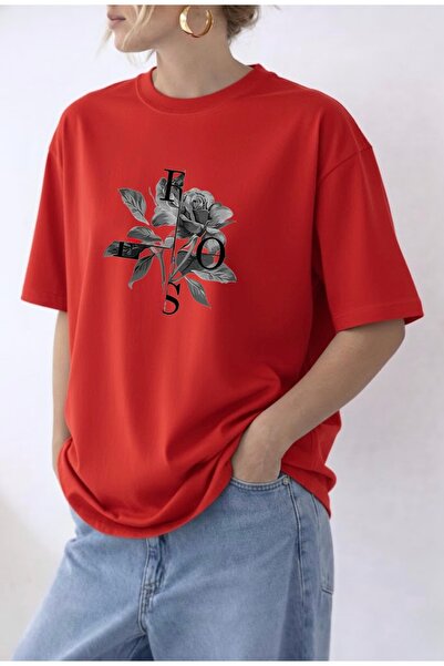 FUFLUNS Rose Flower Printed Women's Circular Neck Oversize T-Shirt