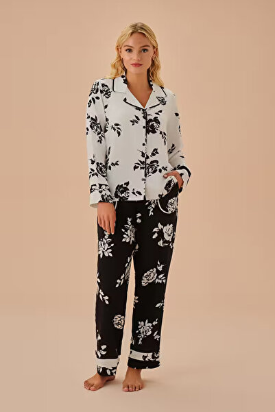 DREAM FASHION Black Patterned Amanda Shirt Collar Pajama Set