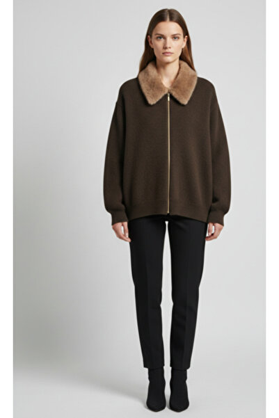 kikiriktekstil Kürklü Yaka Fermuarlı Triko Hırka – Basic Koleksiyon