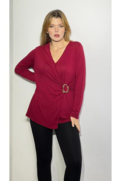 EtkiModa Women's Burgundy Double-Breasted Collar Accessory Detailed Blouse