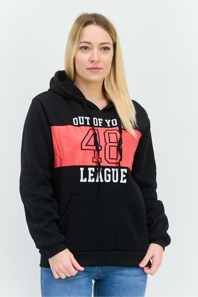 Buzz سويت شيرت نسائي بغطاء رأس رأس مطبوع عليه رسومات، أسود/أحمر