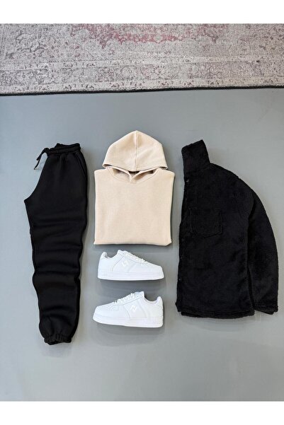 Combineman35 Moda Unisex 3 Yarn Sha Fleece-Lined Black Sweatshirt Cream Sweat...