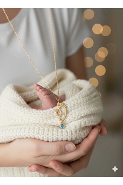 Flamingo 925 Ayar Gümüş Gold Kaplama Doğum Taşlı Anne Bebek Ayak İzi Kolye