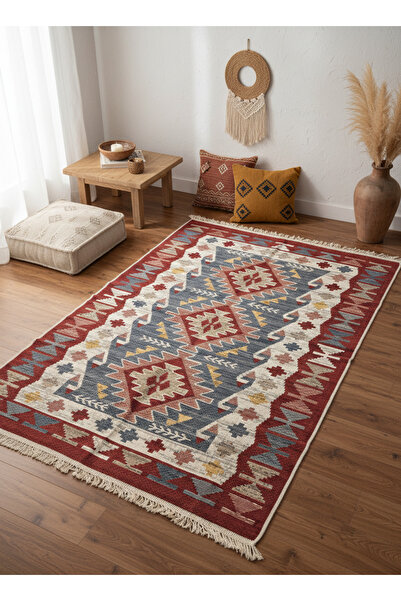 Bovia Home Pamuklu Bordo Mavi Etnik Desenli Kilim - Saçaklı Bohem Salon Oturm...