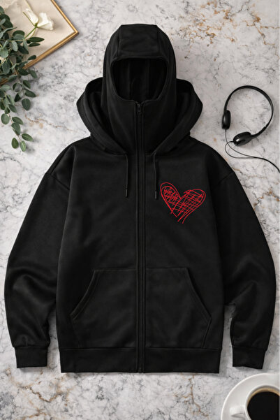 Pink Sky Unisex Heart Printed Zippered Hooded Sweatshirt