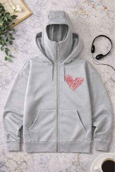 Pink Sky Unisex Heart Printed Zippered Hooded Sweatshirt
