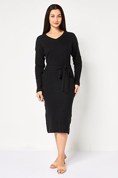 Olalook Women Textured Belted Midi Dress, Black