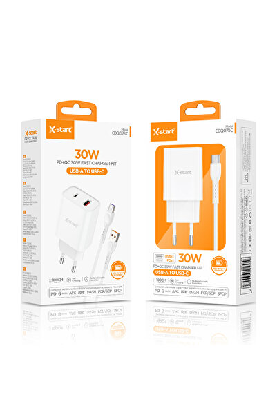 X-start 30W Cable Charger, 1x USB-C, 1X USB-A , Fast charger