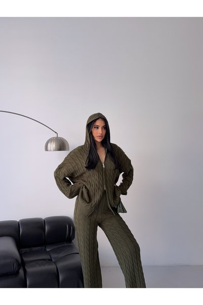 MODA Women's Hooded Double Zippered Hair Knitwear Set