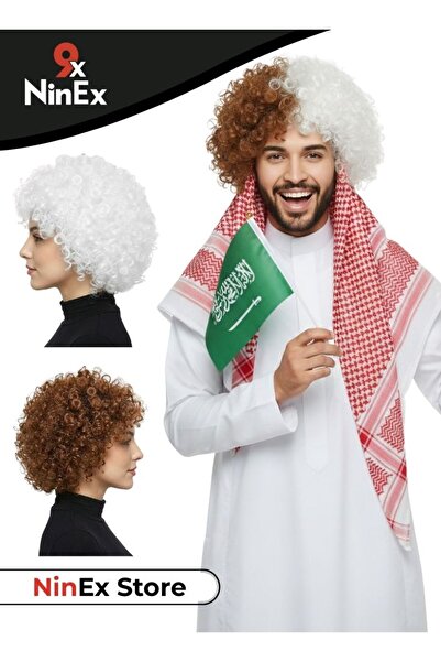 Premium Saudi National Day Curly Wig Costume Set Festival Hairpiece with Flag