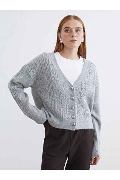 LC Waikiki V-Neck Self Patterned Women's Knitwear Cardigan