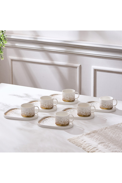 Malooki Set of 6 cups with 6 saucers, uneven plate, porcelain, 220 ml - Snowi...