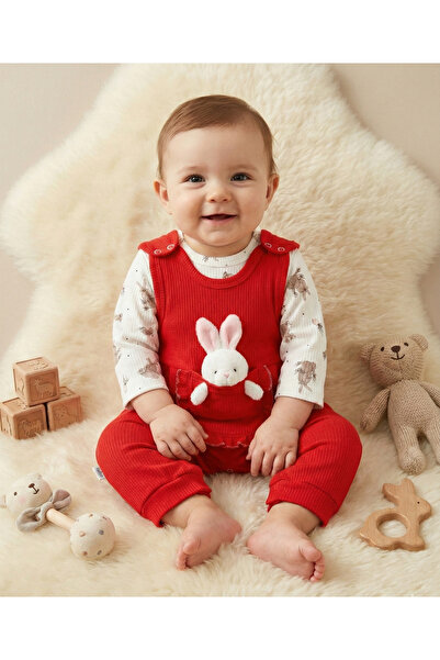 MUBA KIDS %100 Pamuk Tavşancık Oyuncaklı Kırmızı Salopet Tulum Seti - İç Çıtç...