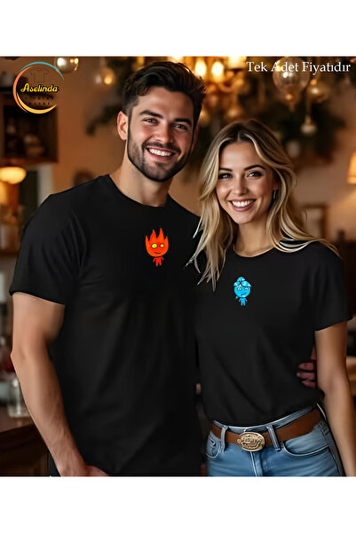 ASELİNDA Valentine's Day Gift T-Shirt Fire and Water Printed T-Shirt - Crew N...