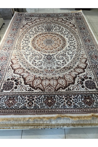 SEMERKANT Halı C857AA Bej Beyaz İpeksi Geleneksel Renkli Göbekli Klasik Desen...