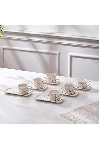 Malooki Set of 6 cups with 6 saucers, rectangular plate, porcelain, 180 ml - ...