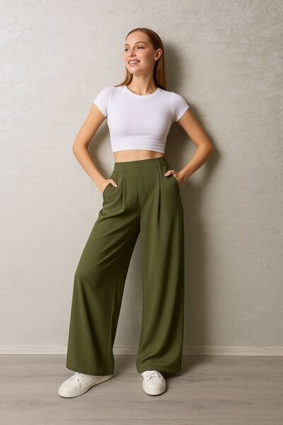 Kanonik Education Women's Pleated Hidden Pocket Detail Casual Trousers