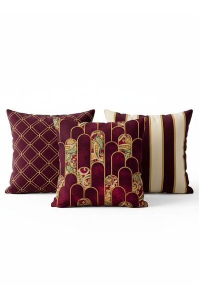 Elay Tekstil 3'lü Kombin Kırlent Kılıfı Seti - Bordo Gold Art Deco Desenli Di...