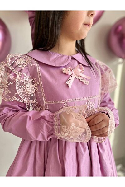 Sare Çocuk Giyim Kız Çocuk Dantel Detaylı Lila Kuran Merasimi Elbisesi + Toka