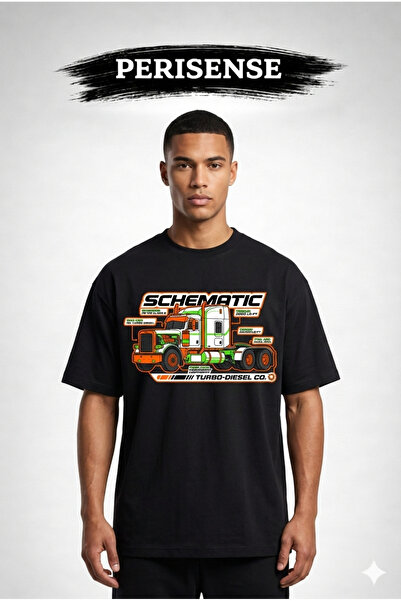 PERISENSE Unisex Truck Blueprint Printed Premium Combed Cotton Oversized T-Shirt