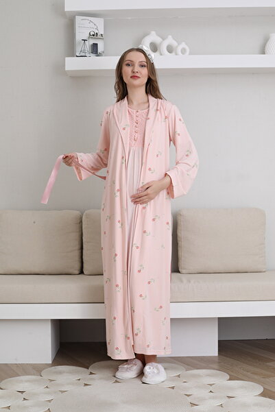 ERDENİZ TEKSTİL Şık Hamile & Lohusa Uzun Gecelik Sabahlık Takımı-Düğme Detayl...