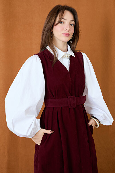 Modamorfo Women's Belt Detailed V-Neck Suede Dress - 32406Elb